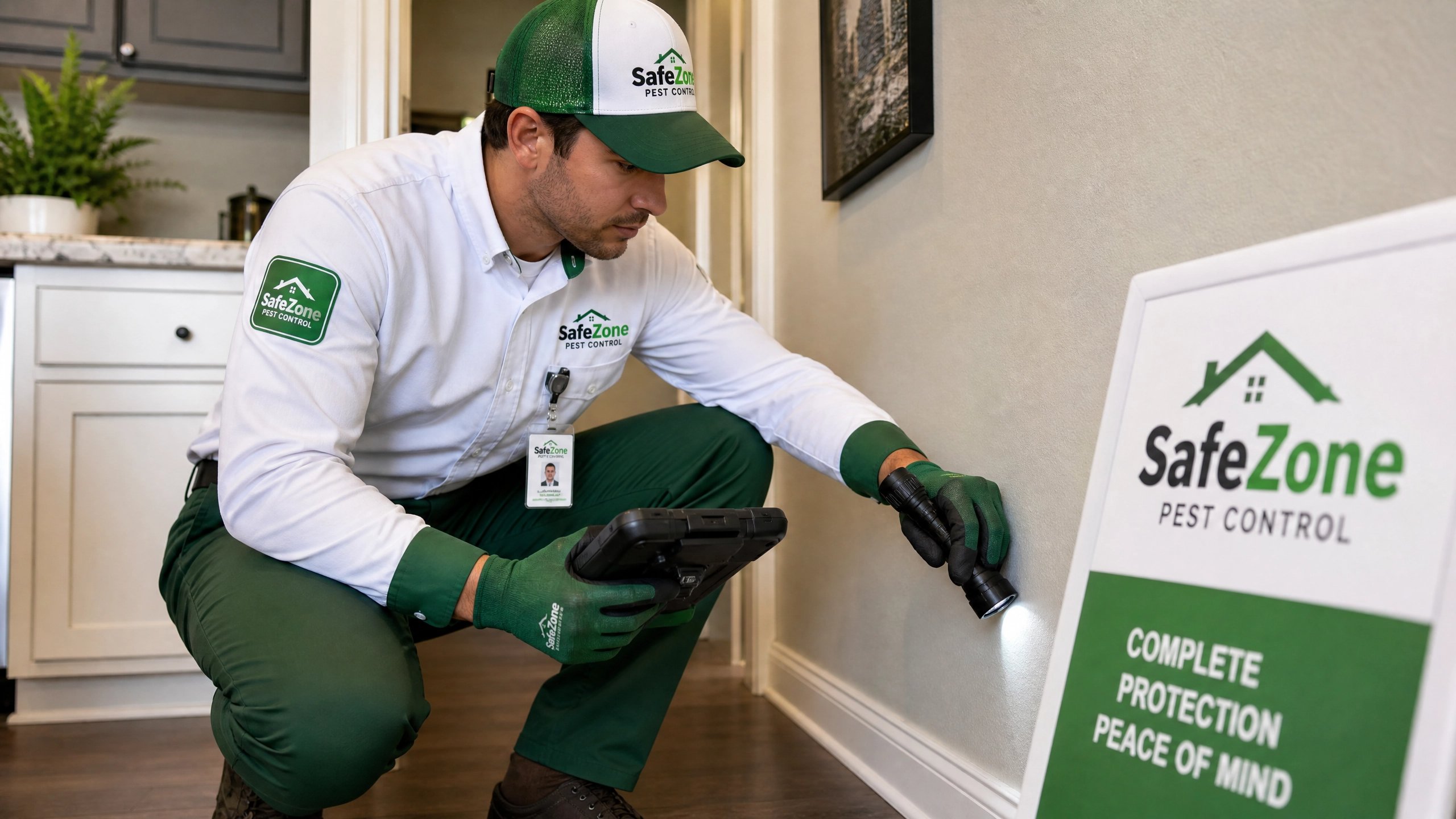 Safe Zone technician performing detailed pest inspection