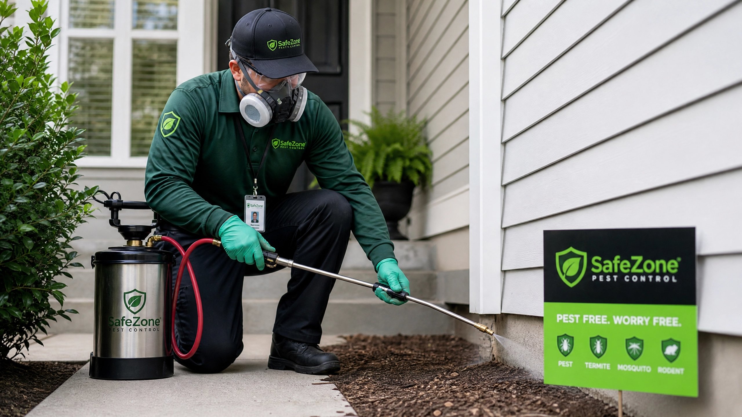 Safe Zone technician applying exterior pest treatment
